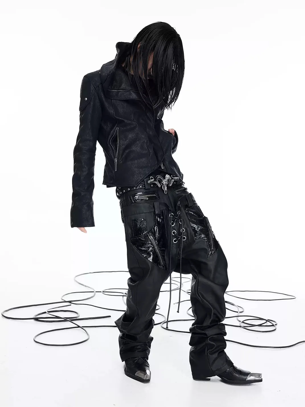 DARKRTPTS | Double-Waistband PU-Panel Coated Straight-Leg Jeans