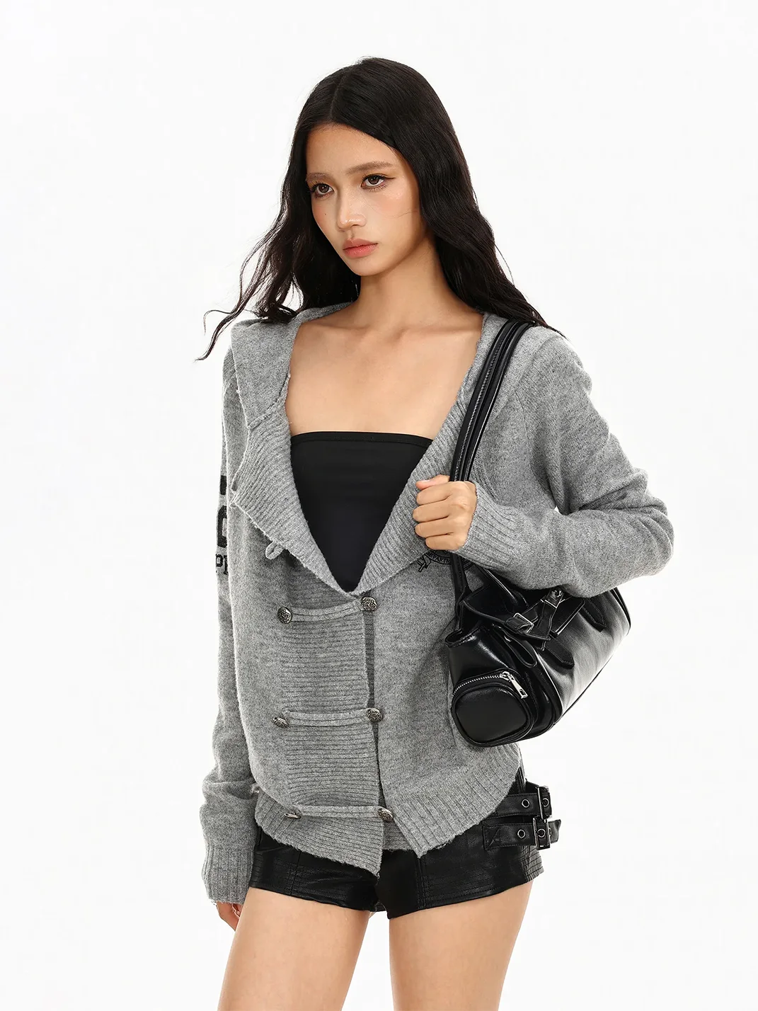 BIGGOLD | Gray Hooded Double-Breasted Knit Cardigan