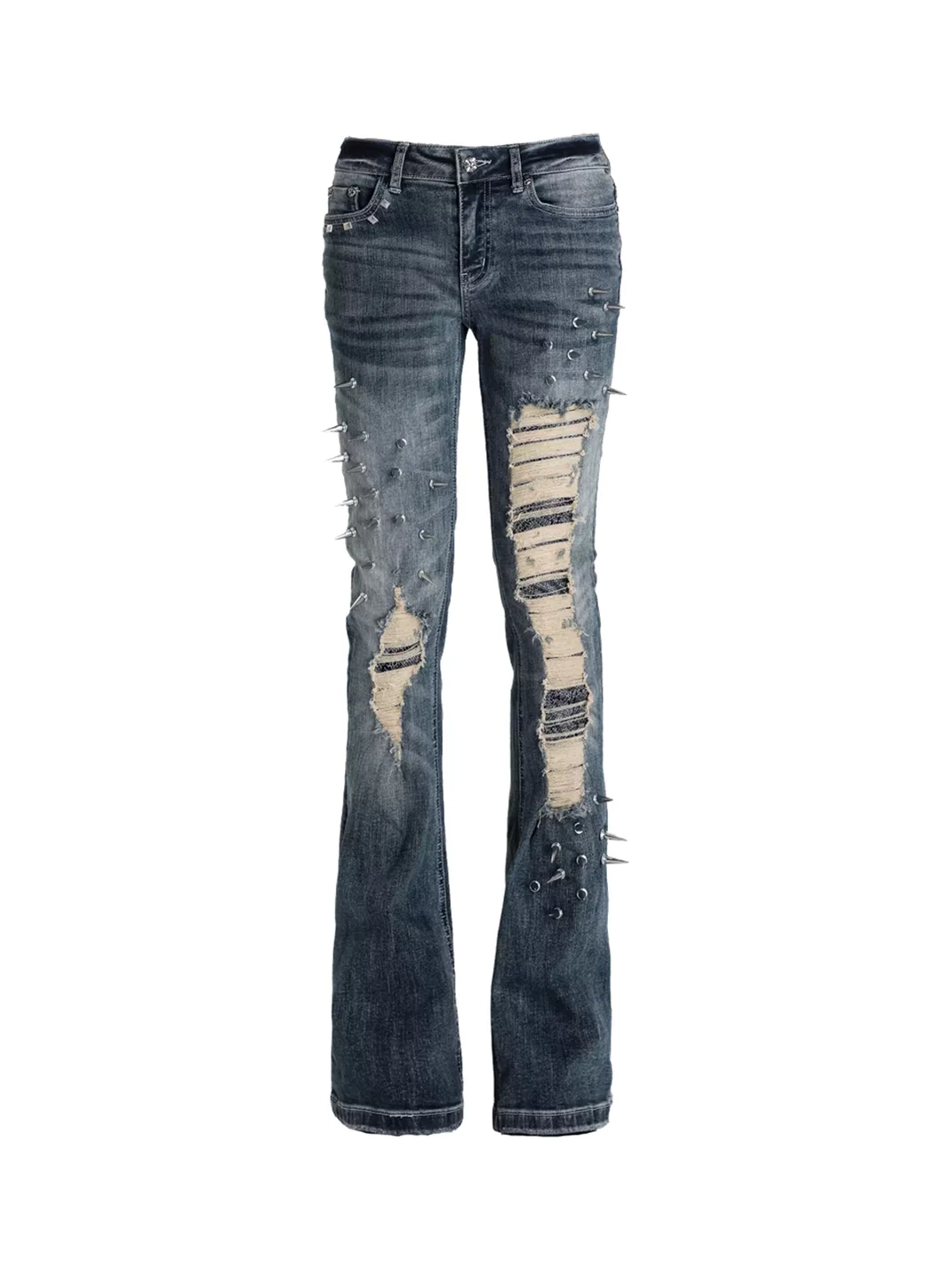 SEXXDEVIL | Studded Snake Print Distressed Slim Flare Jeans