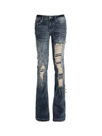 SEXXDEVIL | Studded Snake Print Distressed Slim Flare Jeans