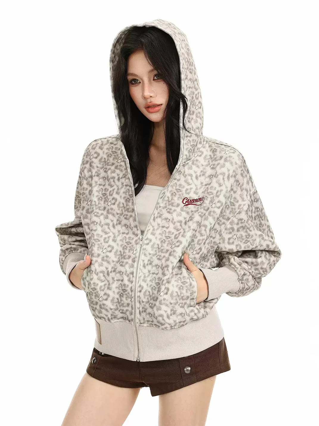 BIGGOLD | Leopard Hooded Zip-Up Cropped Jacket