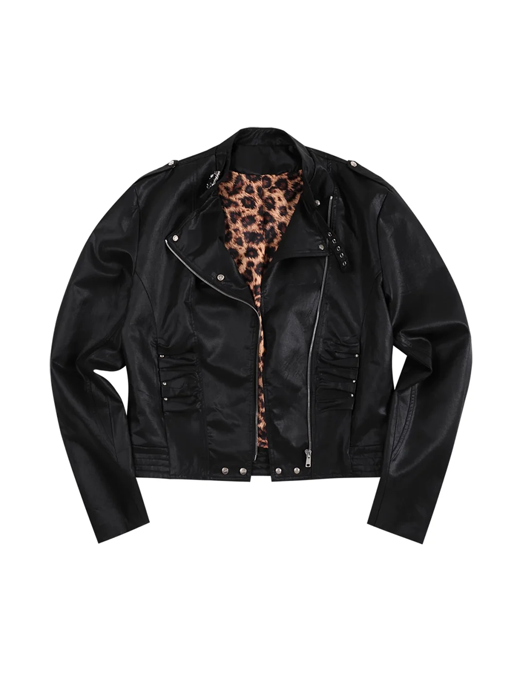 WHISTLEHUNTER | Cropped Stand Collar Leopard-Lined Asymmetric Zip Jacket