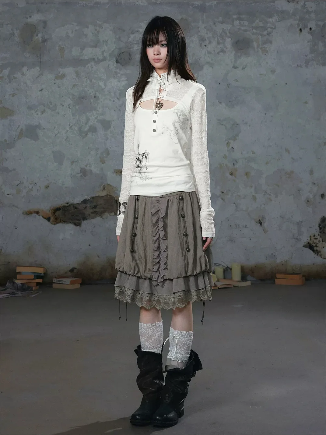 Cest Nous | Lace-Up High-Neck Layered Long-Sleeve Top