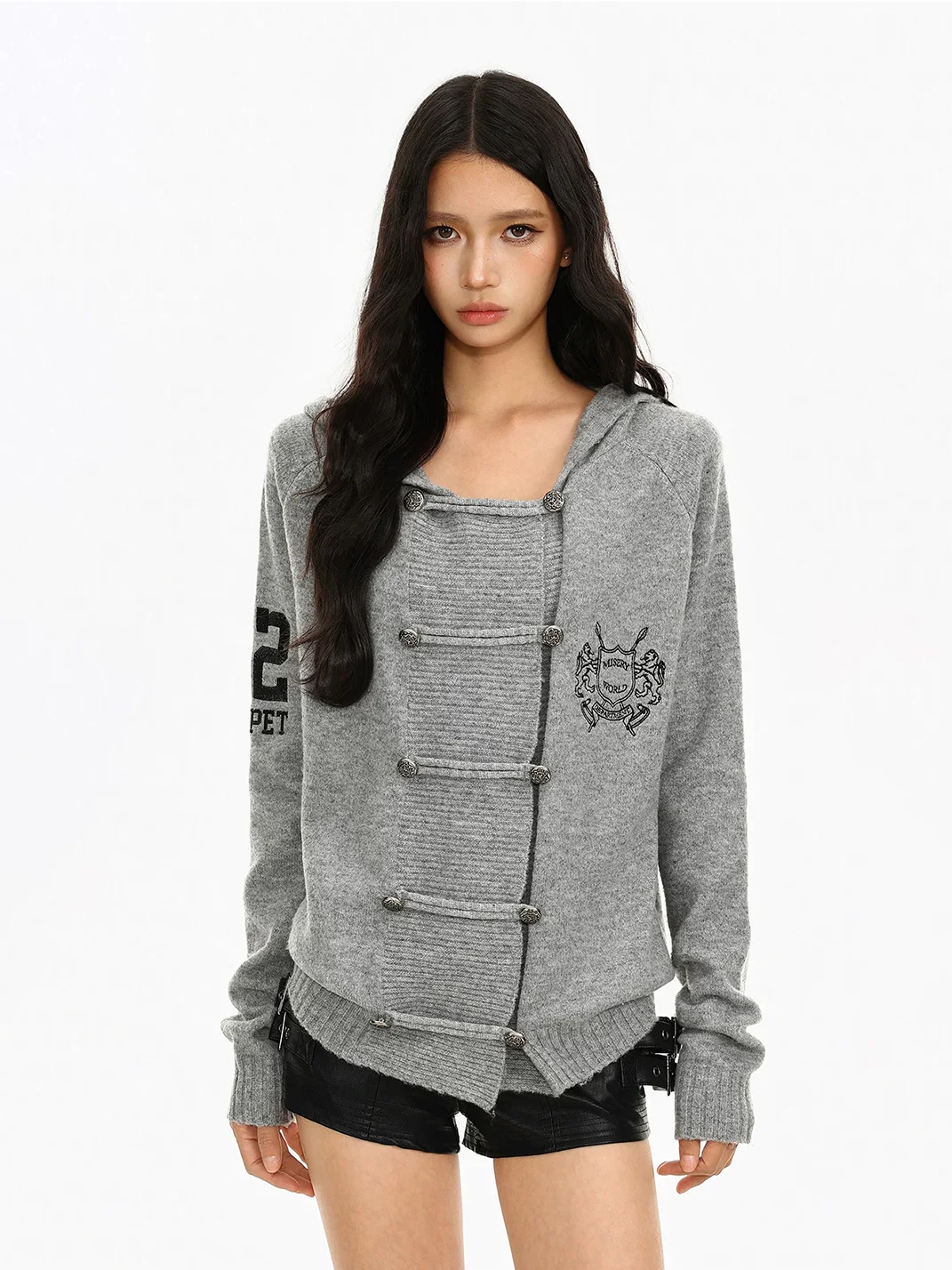 BIGGOLD | Gray Hooded Double-Breasted Knit Cardigan