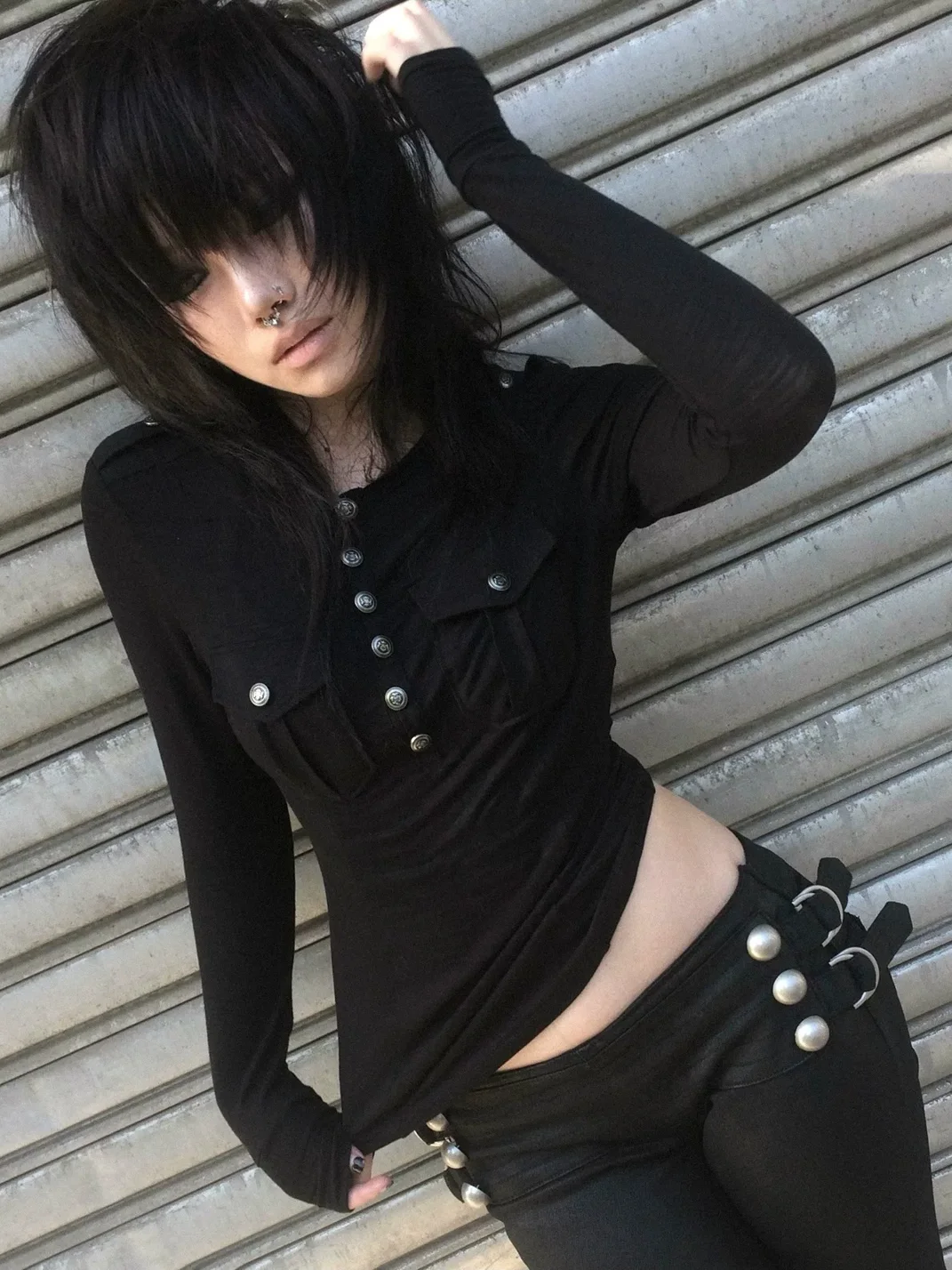 Imdelusion | Studded Printed Fitted Long Sleeve Henley Top