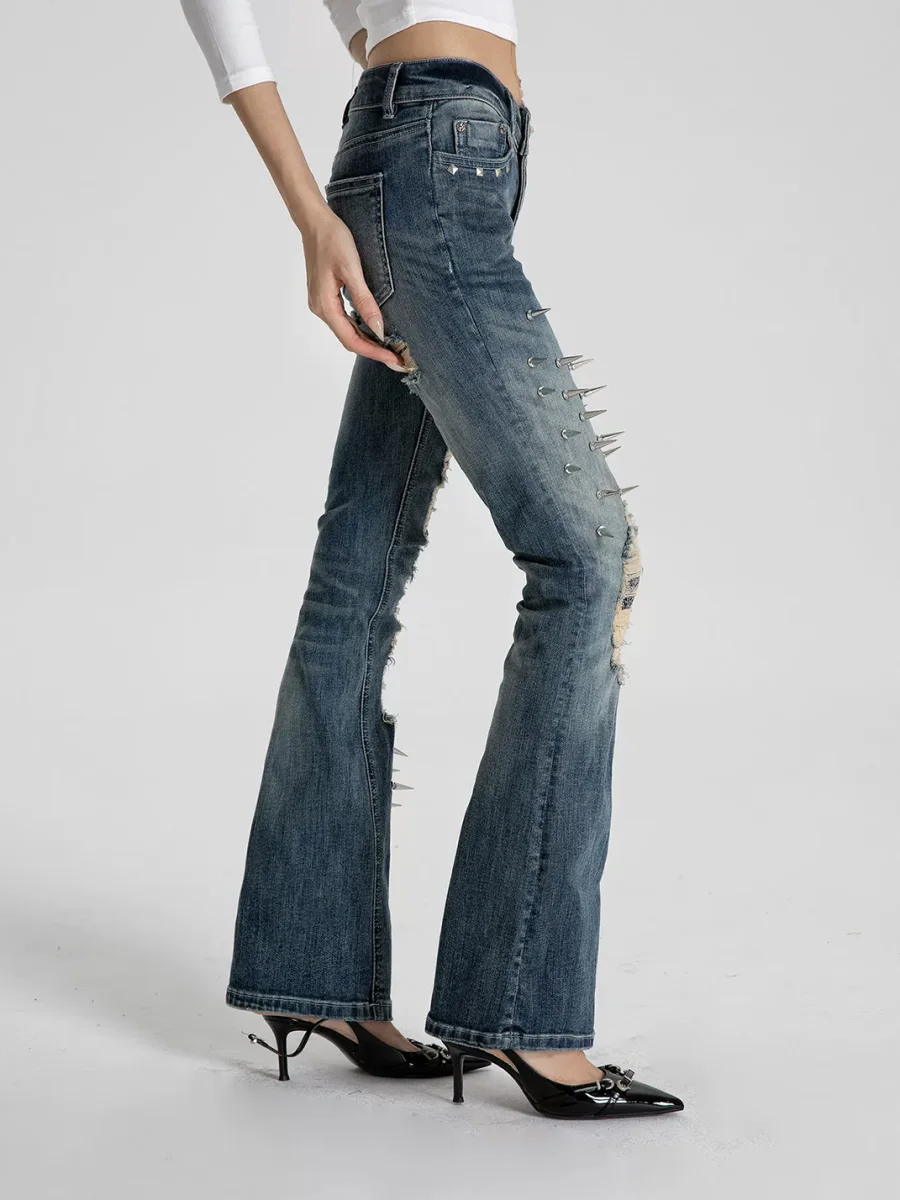 SEXXDEVIL | Studded Snake Print Distressed Slim Flare Jeans - 3