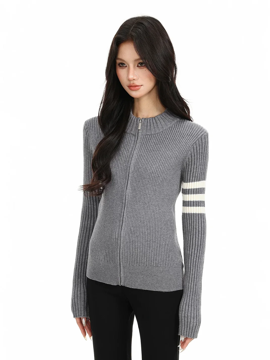 BIGGOLD | Fitted Rib Knit Zip Cardigan Sweater