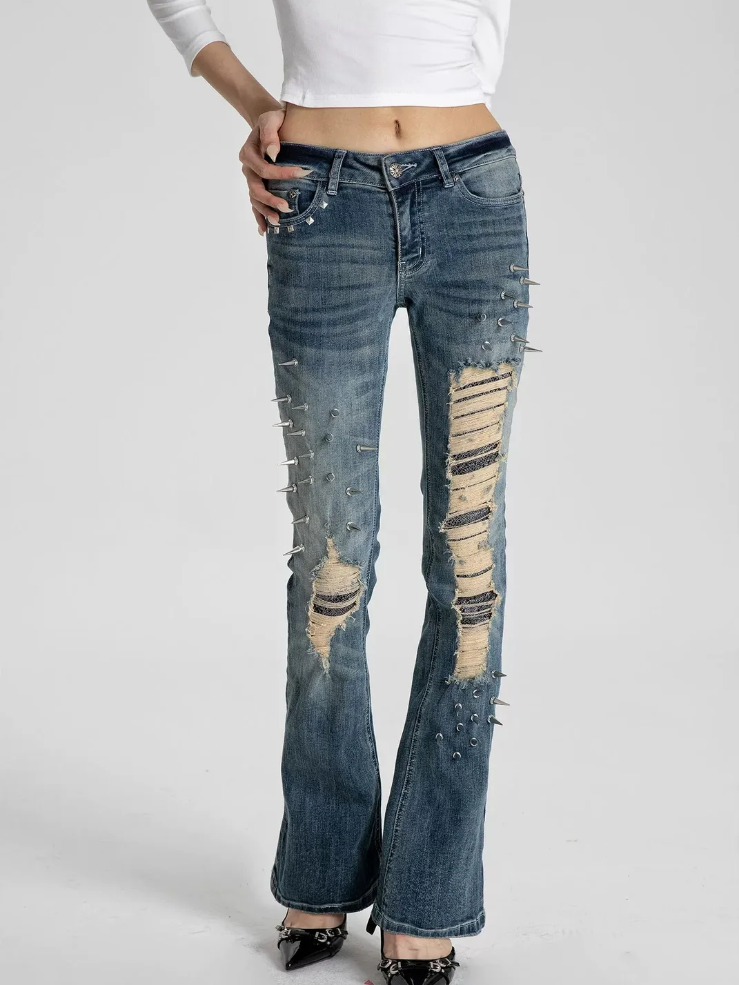 SEXXDEVIL | Studded Snake Print Distressed Slim Flare Jeans