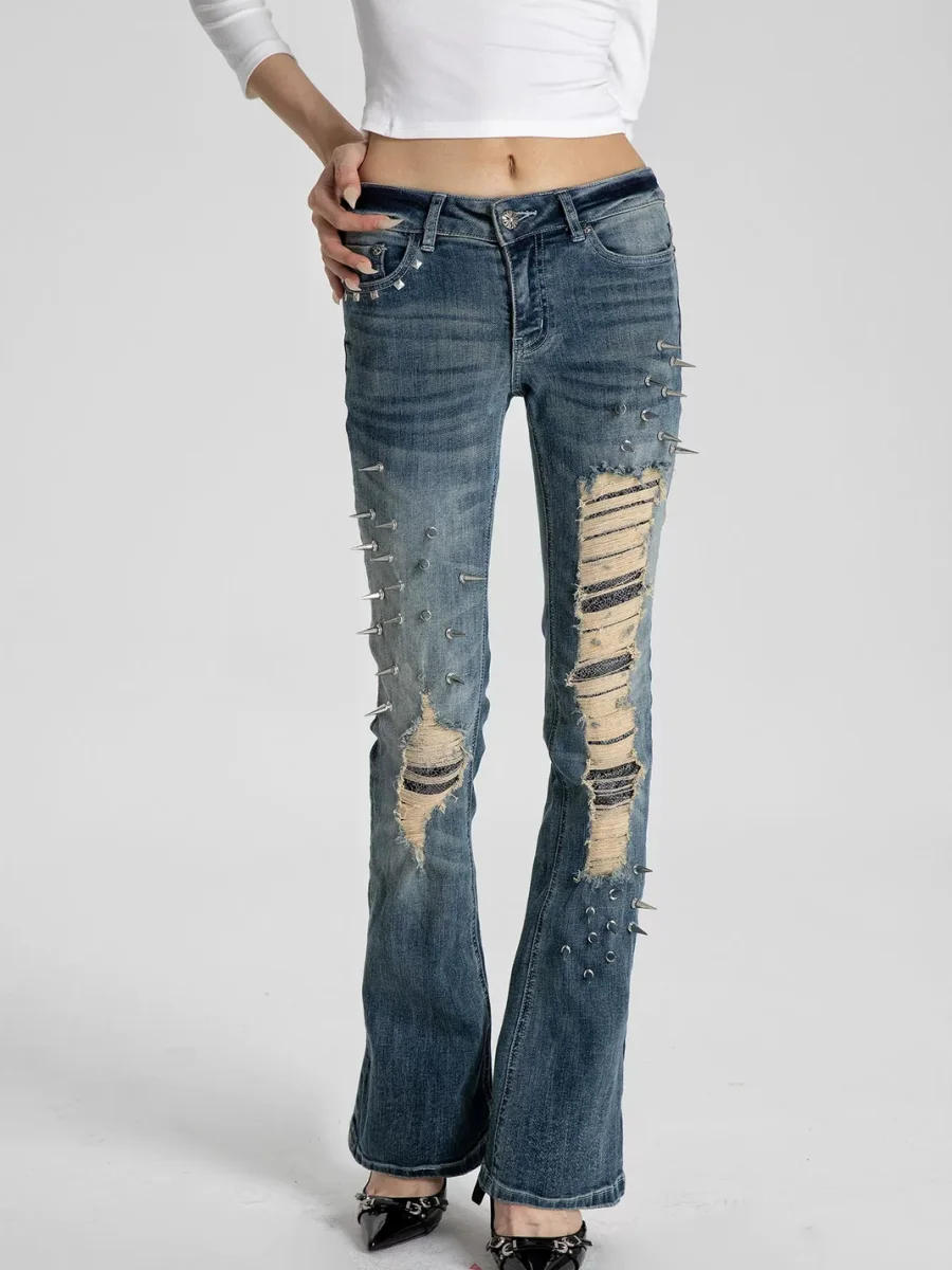 SEXXDEVIL | Studded Snake Print Distressed Slim Flare Jeans - 2