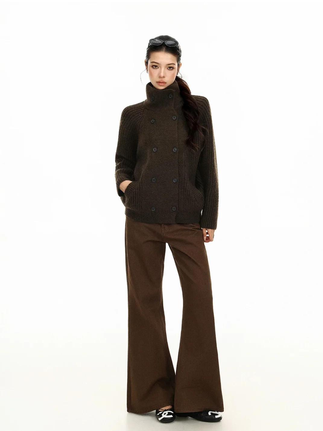 BIGGOLD | Loose Double-Breasted Turtleneck Knit Cardigan