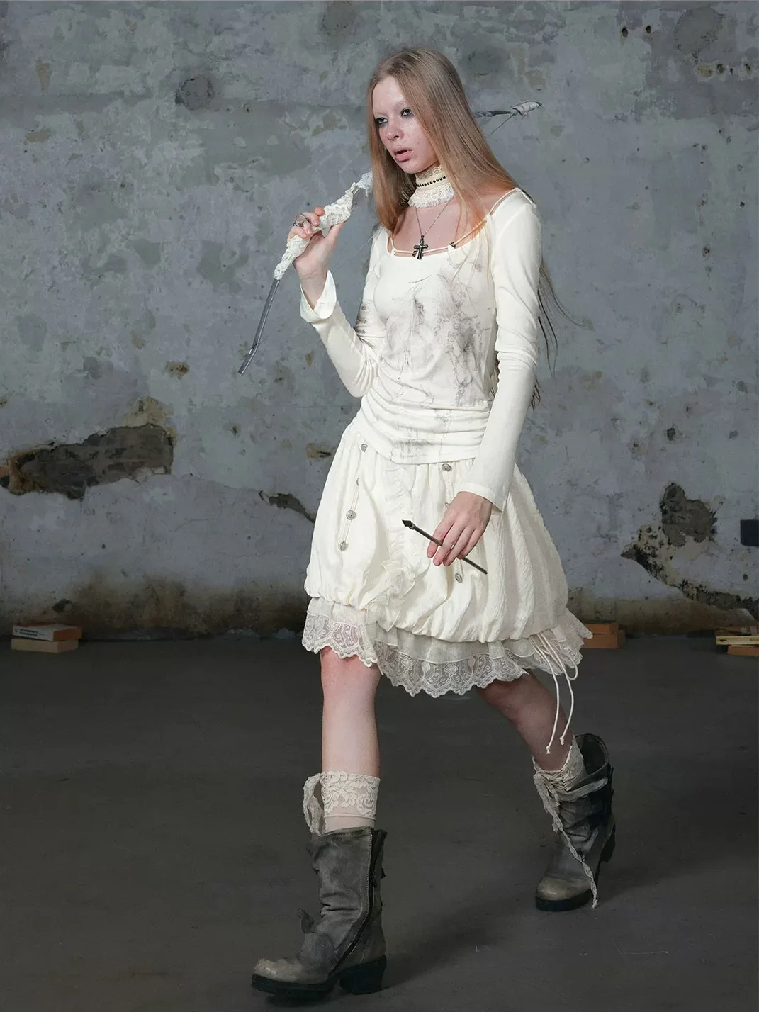 Cest Nous | Mid-Rise A-Line Lace Chiffon Drawstring Skirt