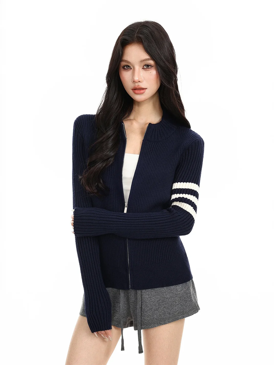 BIGGOLD | Fitted Rib Knit Zip Cardigan Sweater