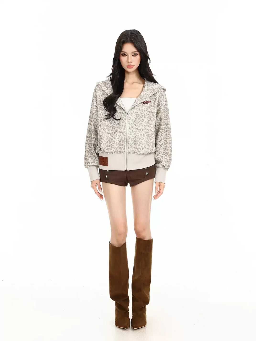 BIGGOLD | Leopard Hooded Zip-Up Cropped Jacket