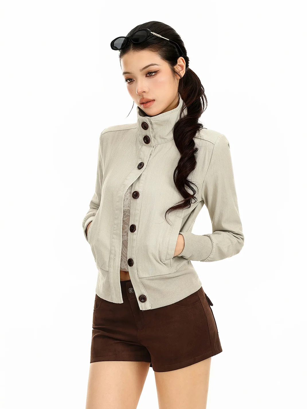BIGGOLD | Cropped Stand Collar Button Jacket