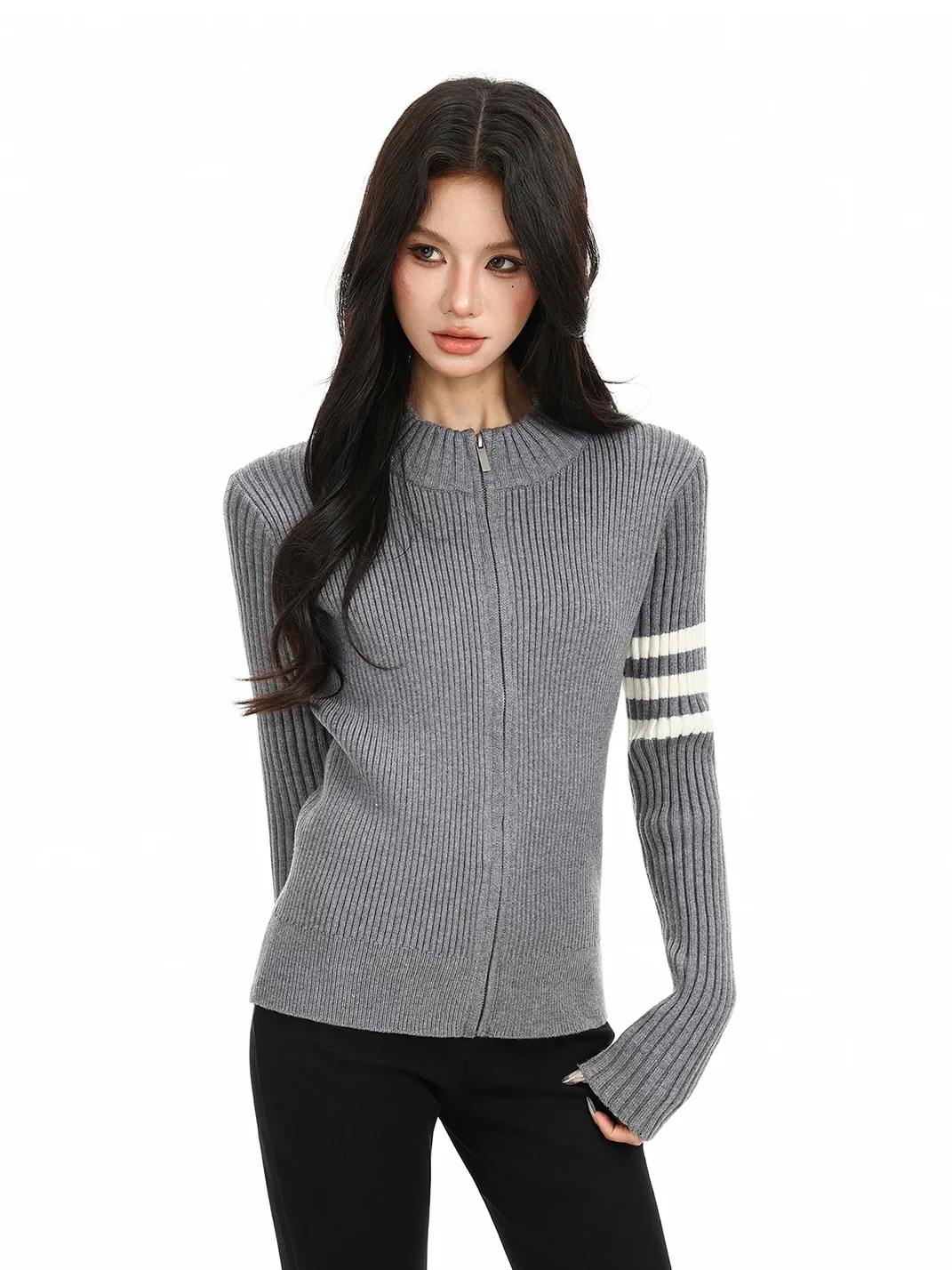 BIGGOLD | Fitted Rib Knit Zip Cardigan Sweater