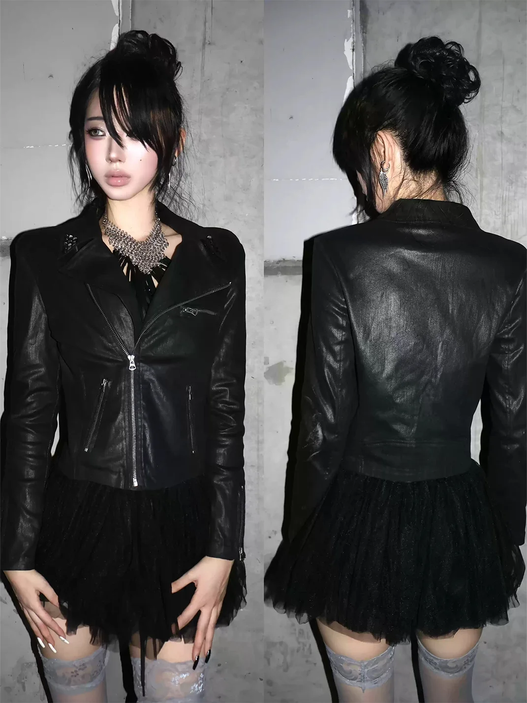 Imdelusion | Studded Lapel Fitted Cropped Biker Jacket