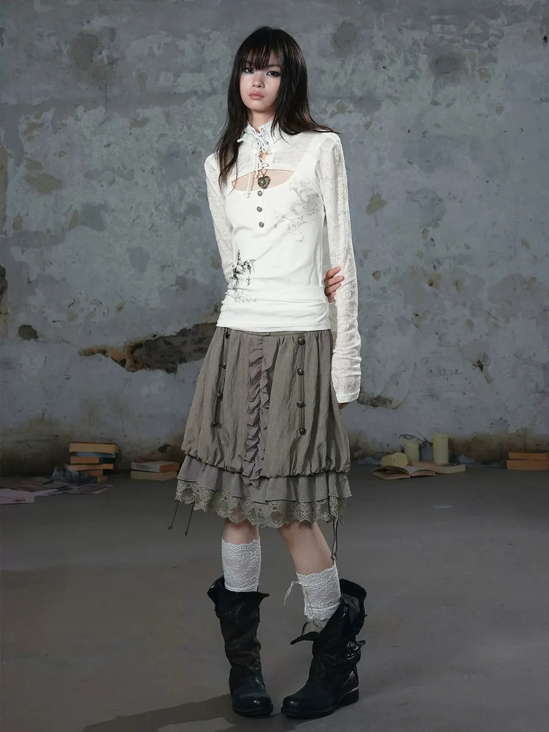 Cest Nous | Mid-Rise A-Line Lace Chiffon Drawstring Skirt
