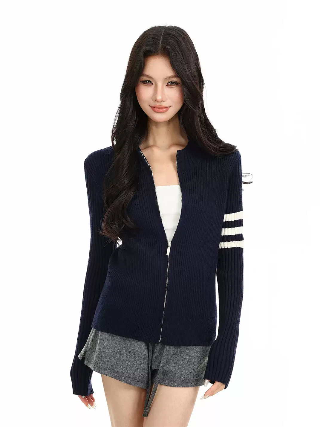 BIGGOLD | Fitted Rib Knit Zip Cardigan Sweater
