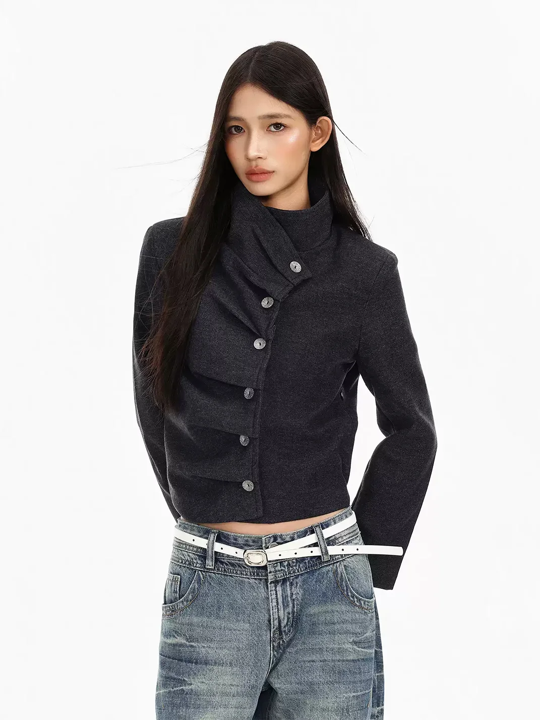 BIGGOLD | Vintage Asymmetric Stand Collar Cropped Jacket