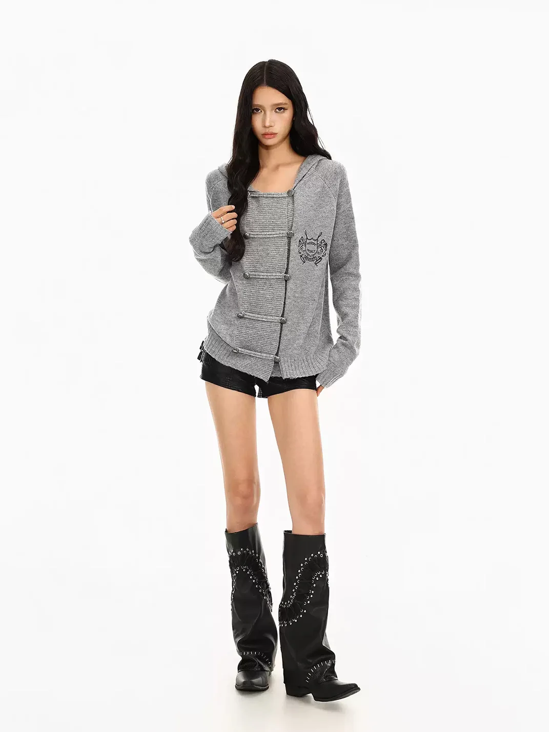 BIGGOLD | Gray Hooded Double-Breasted Knit Cardigan
