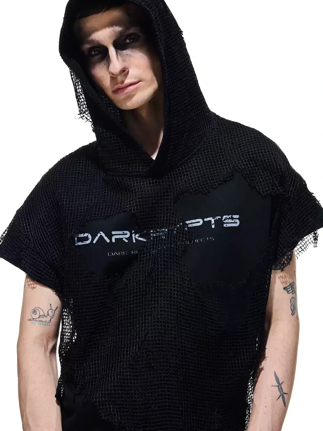 DARKRTPTS | Distressed Layered Mesh Hooded Graphic T-Shirt