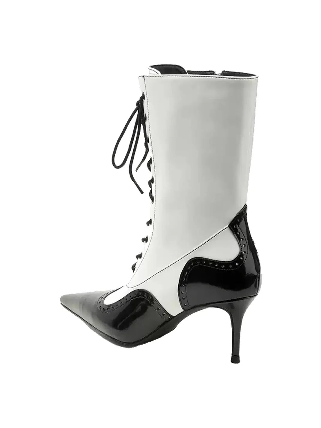 Colorful Bridge | Black White Brogue Lace-Up Calf Boots