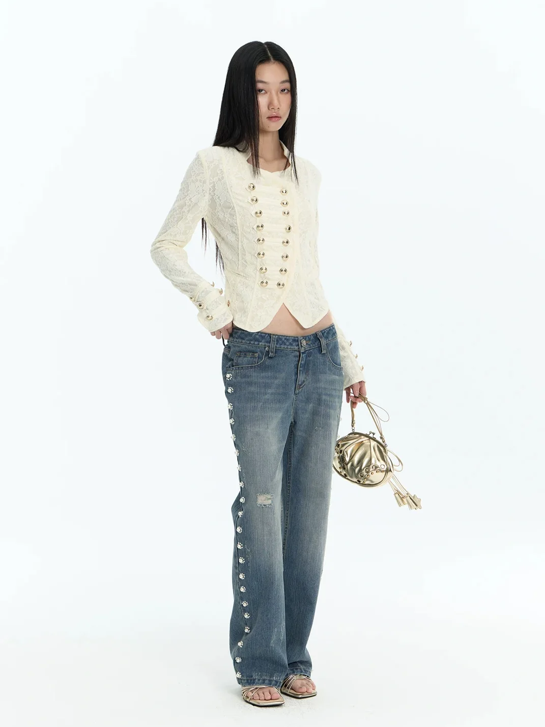 FayChui | Pearl Flower Distressed Low-Rise Flare Jeans