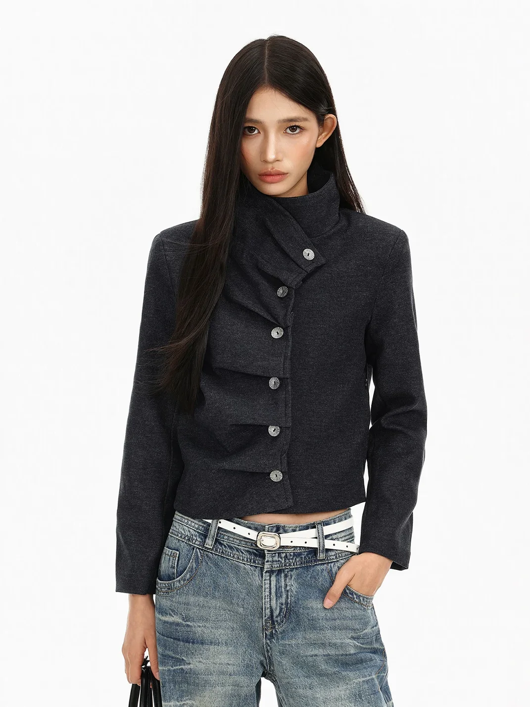BIGGOLD | Vintage Asymmetric Stand Collar Cropped Jacket
