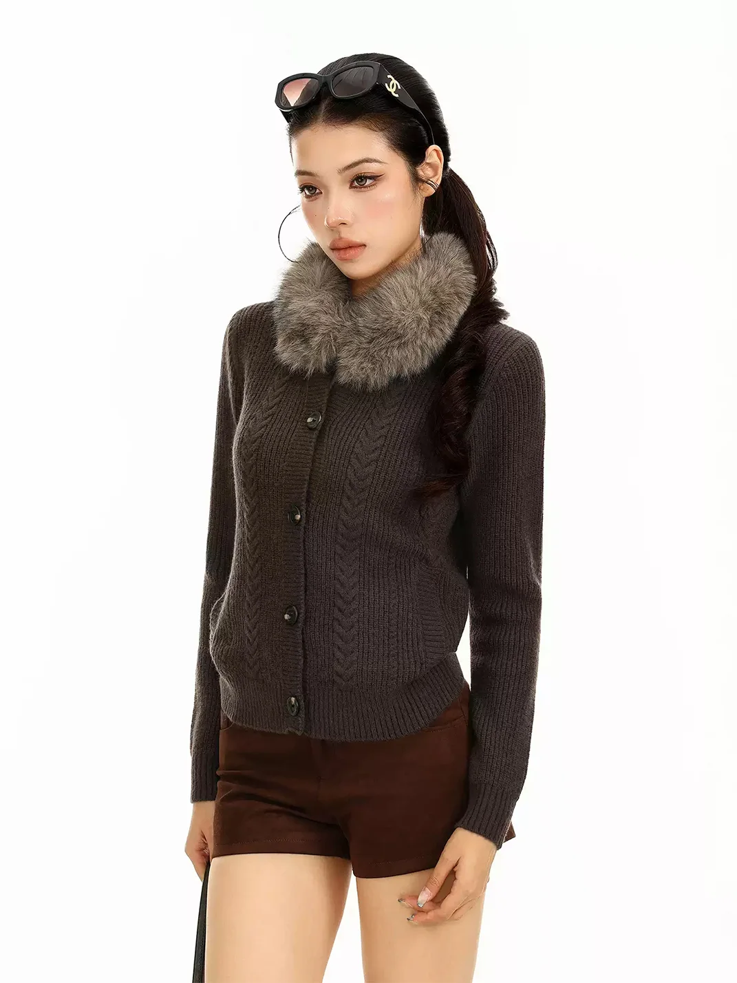 BIGGOLD | Detachable Fur Collar Cable Knit Cardigan