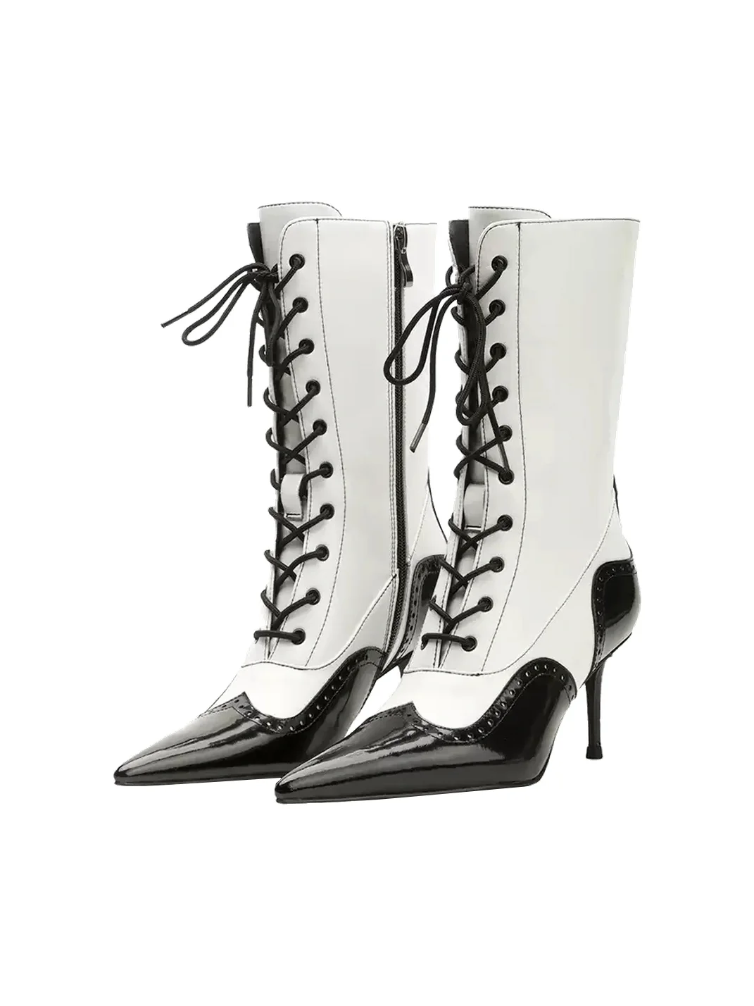 Colorful Bridge | Black White Brogue Lace-Up Calf Boots