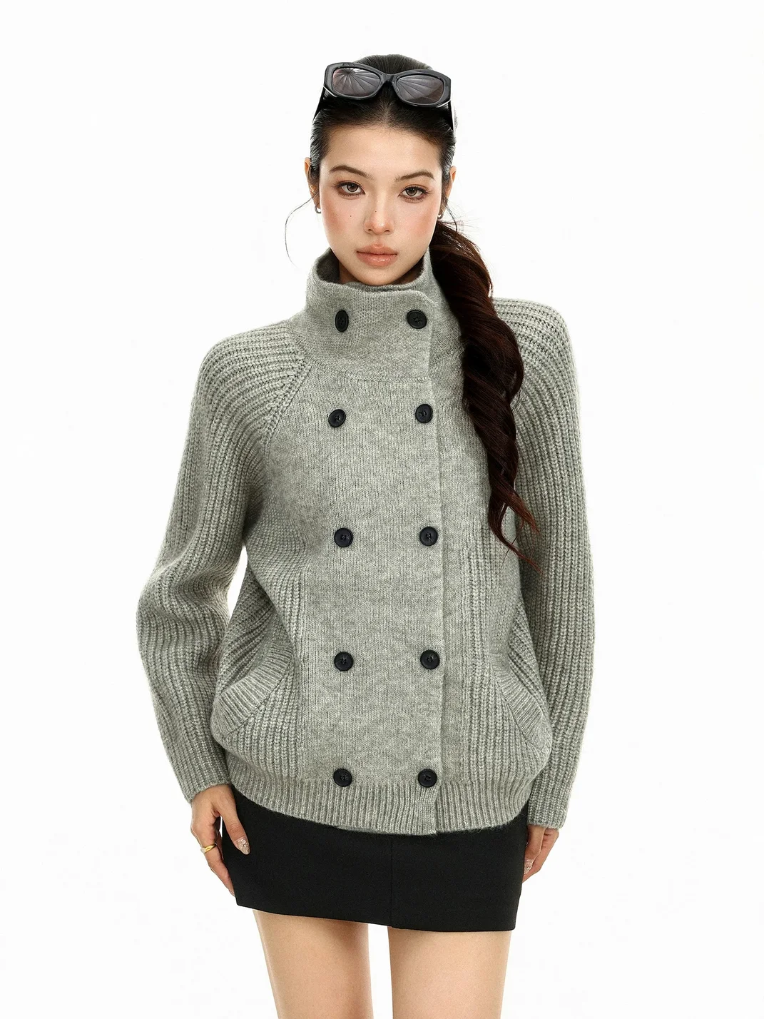 BIGGOLD | Loose Double-Breasted Turtleneck Knit Cardigan
