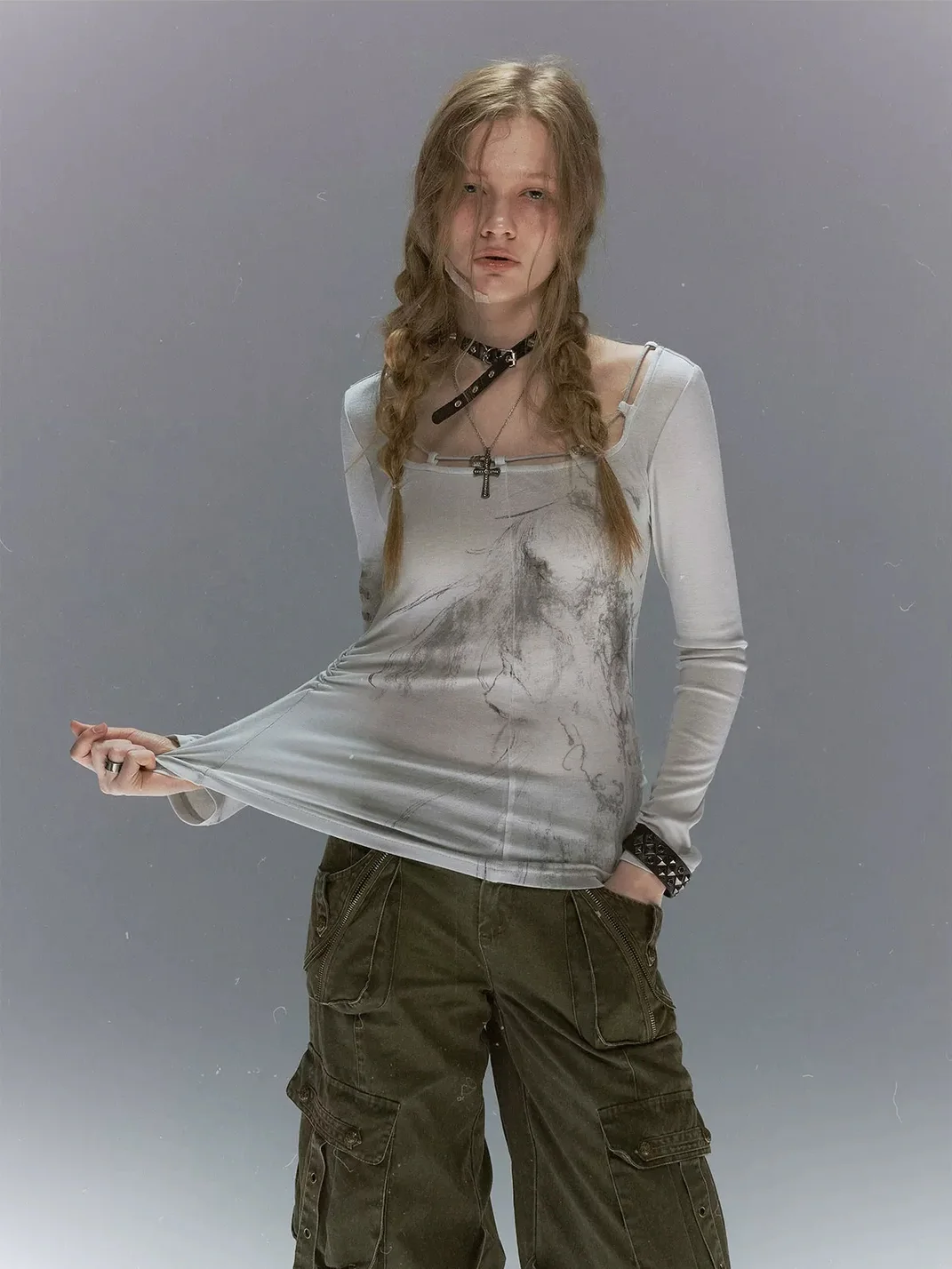Cest Nous | Angel Print Lace Tie Long Sleeve Top