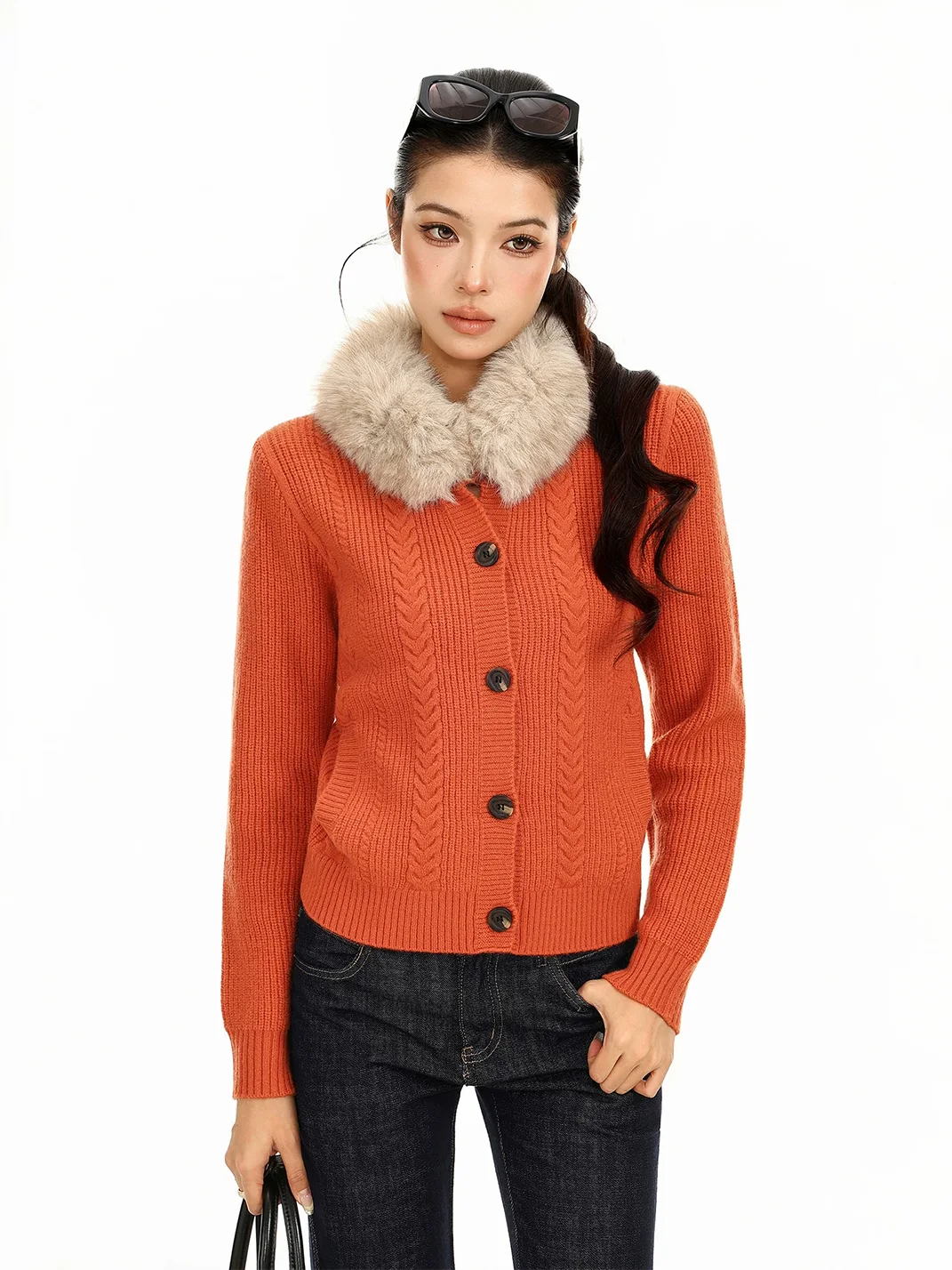 BIGGOLD | Detachable Fur Collar Cable Knit Cardigan