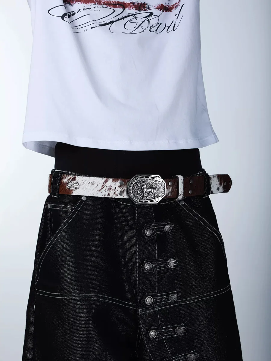 SEXXDEVIL | Distressed Studded Horse Buckle Cowhide Belt - 3