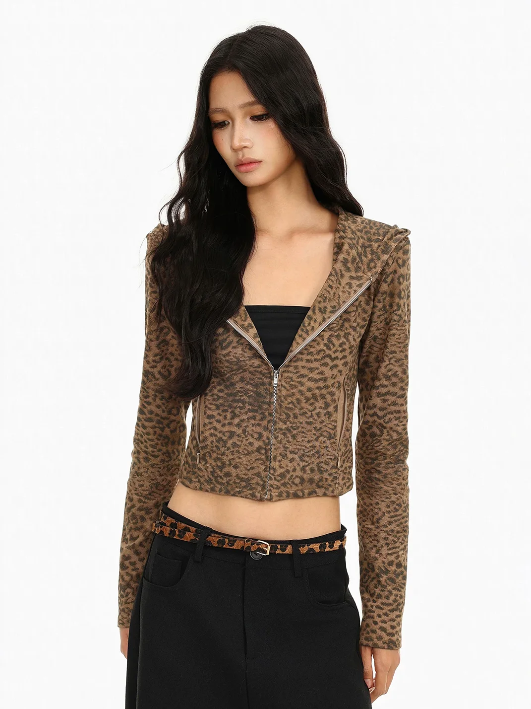 BIGGOLD | Leopard Cropped Hooded Zip Jacket