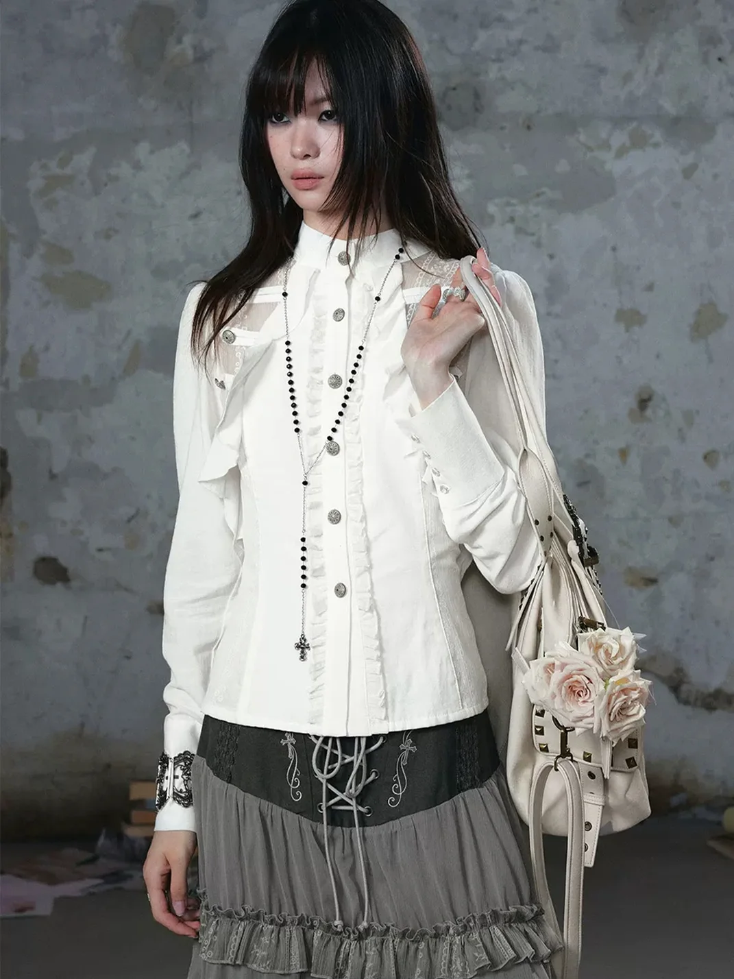 Cest Nous | Ruffled Lace-Paneled Fitted Chiffon Shirt
