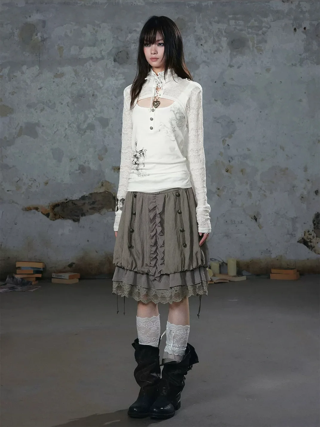 Cest Nous | Mid-Rise A-Line Lace Chiffon Drawstring Skirt