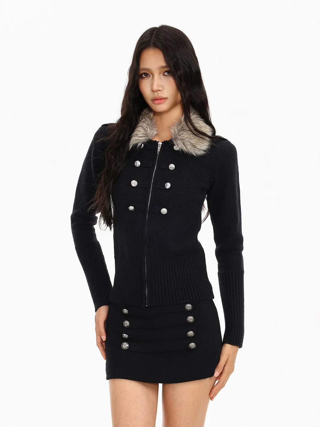 BIGGOLD | Fur Collar Double-Breasted Cropped Knit Cardigan