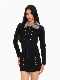 BIGGOLD | Fur Collar Double-Breasted Cropped Knit Cardigan