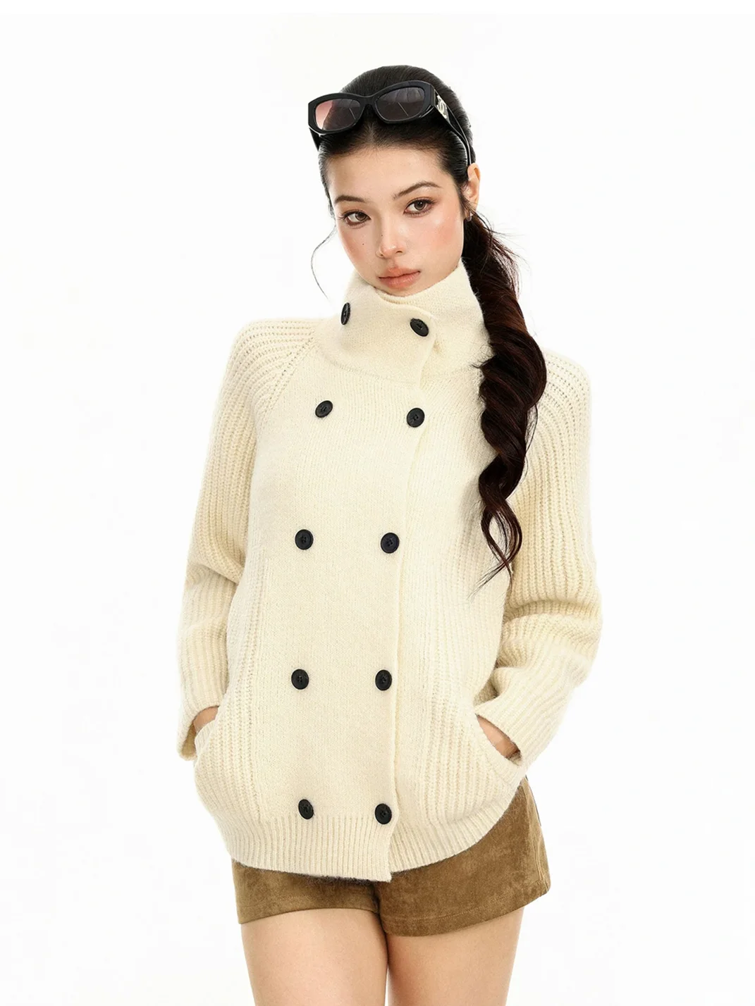BIGGOLD | Loose Double-Breasted Turtleneck Knit Cardigan