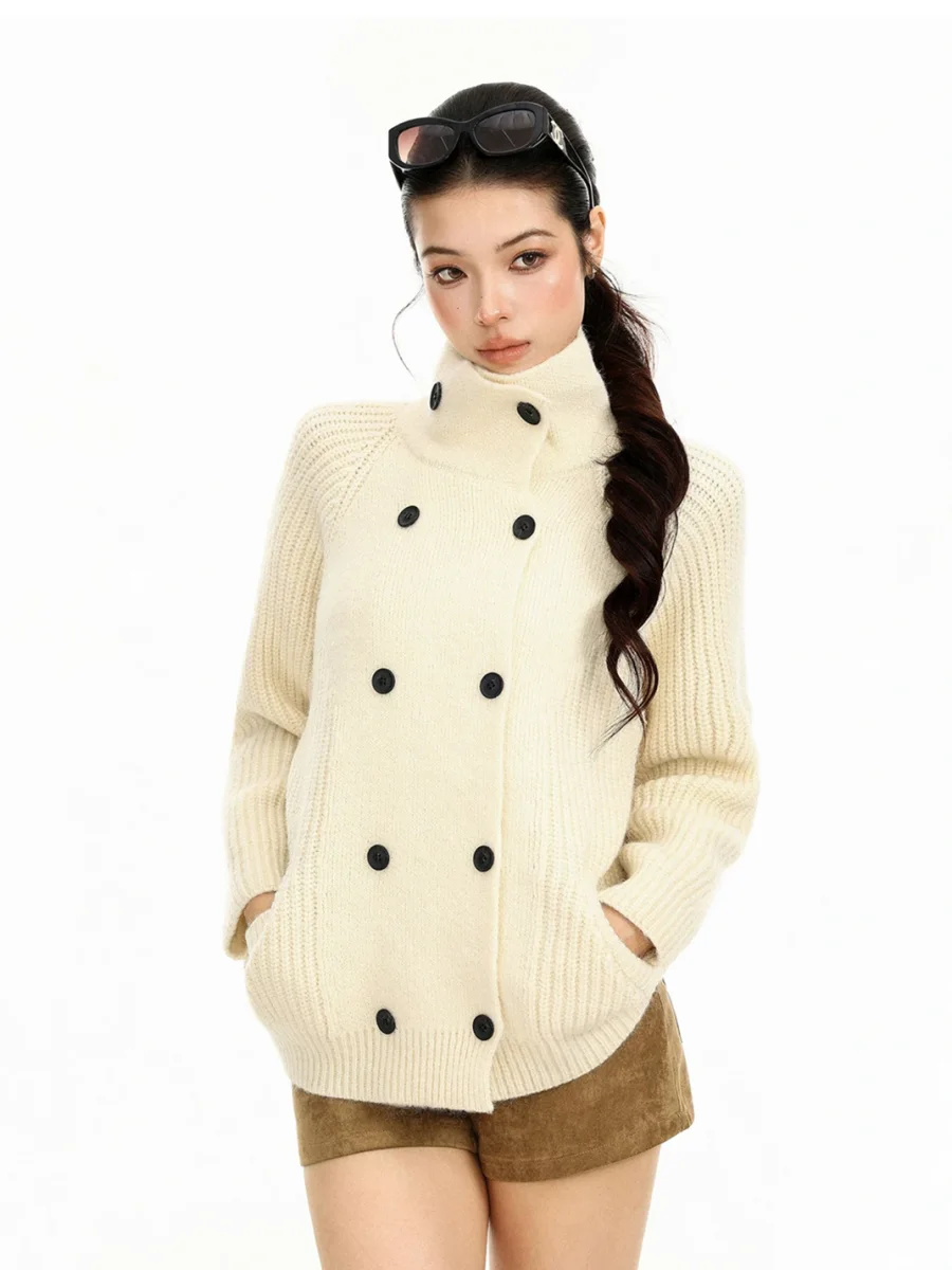 BIGGOLD | Loose Double-Breasted Turtleneck Knit Cardigan - 3