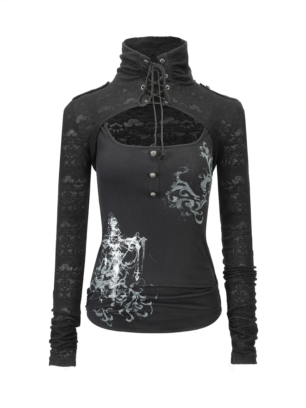 Cest Nous | Lace-Up High-Neck Layered Long-Sleeve Top
