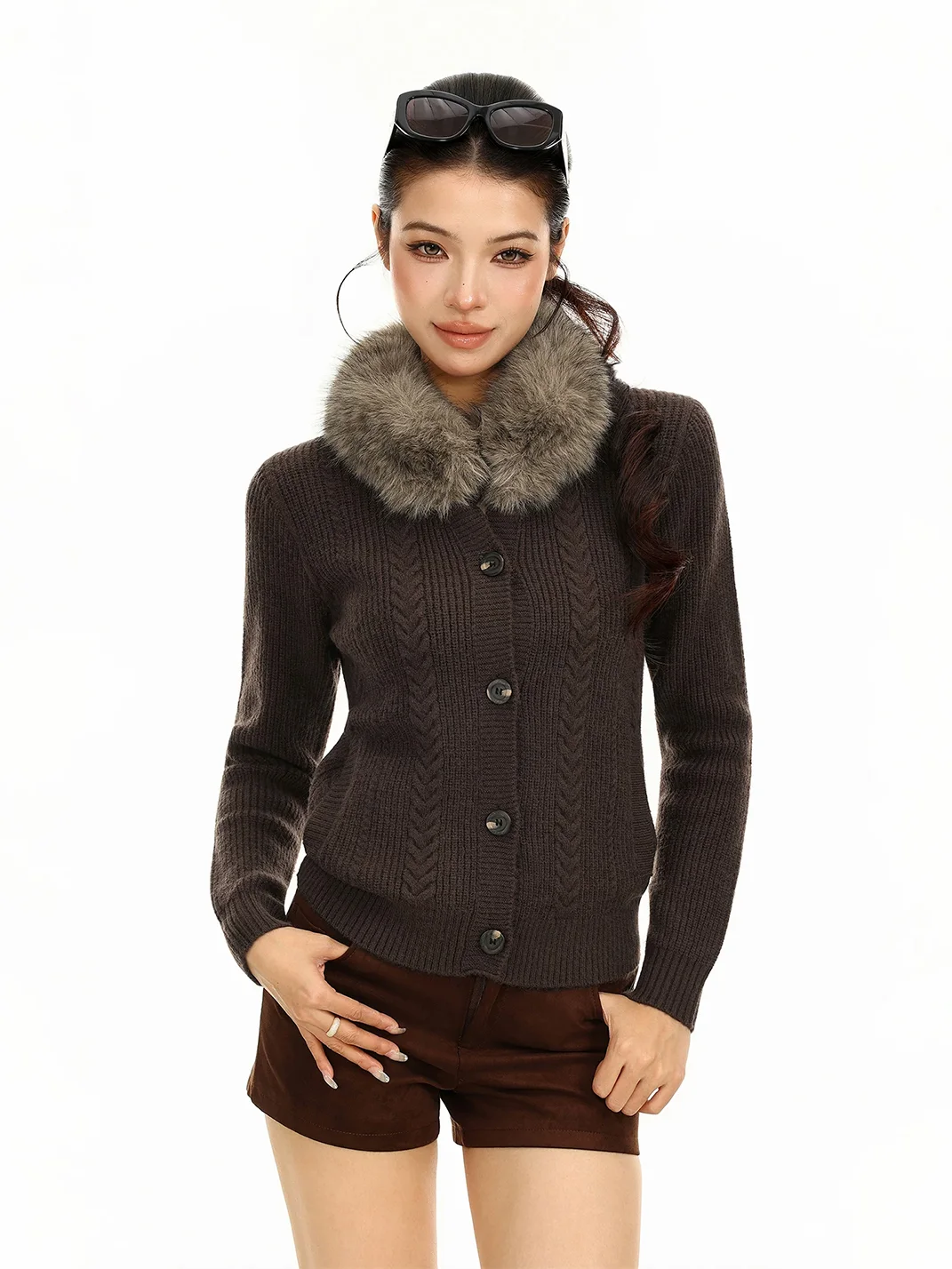 BIGGOLD | Detachable Fur Collar Cable Knit Cardigan