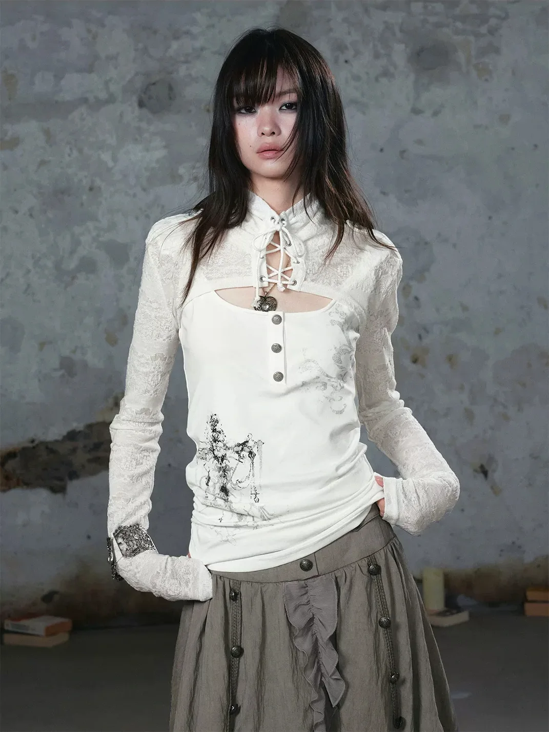 Cest Nous | Lace-Up High-Neck Layered Long-Sleeve Top