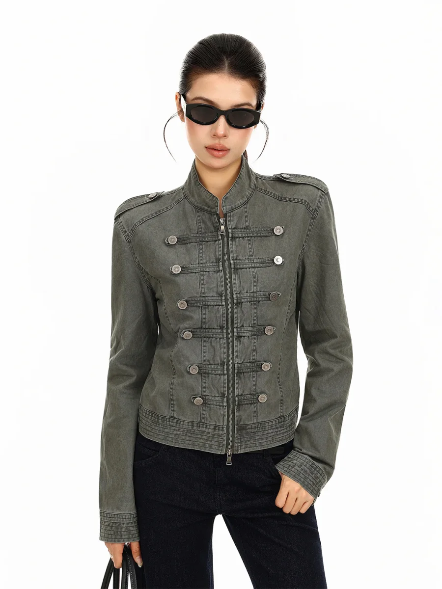 BIGGOLD | Washed Double-Breasted Stand Collar Denim Jacket - 2