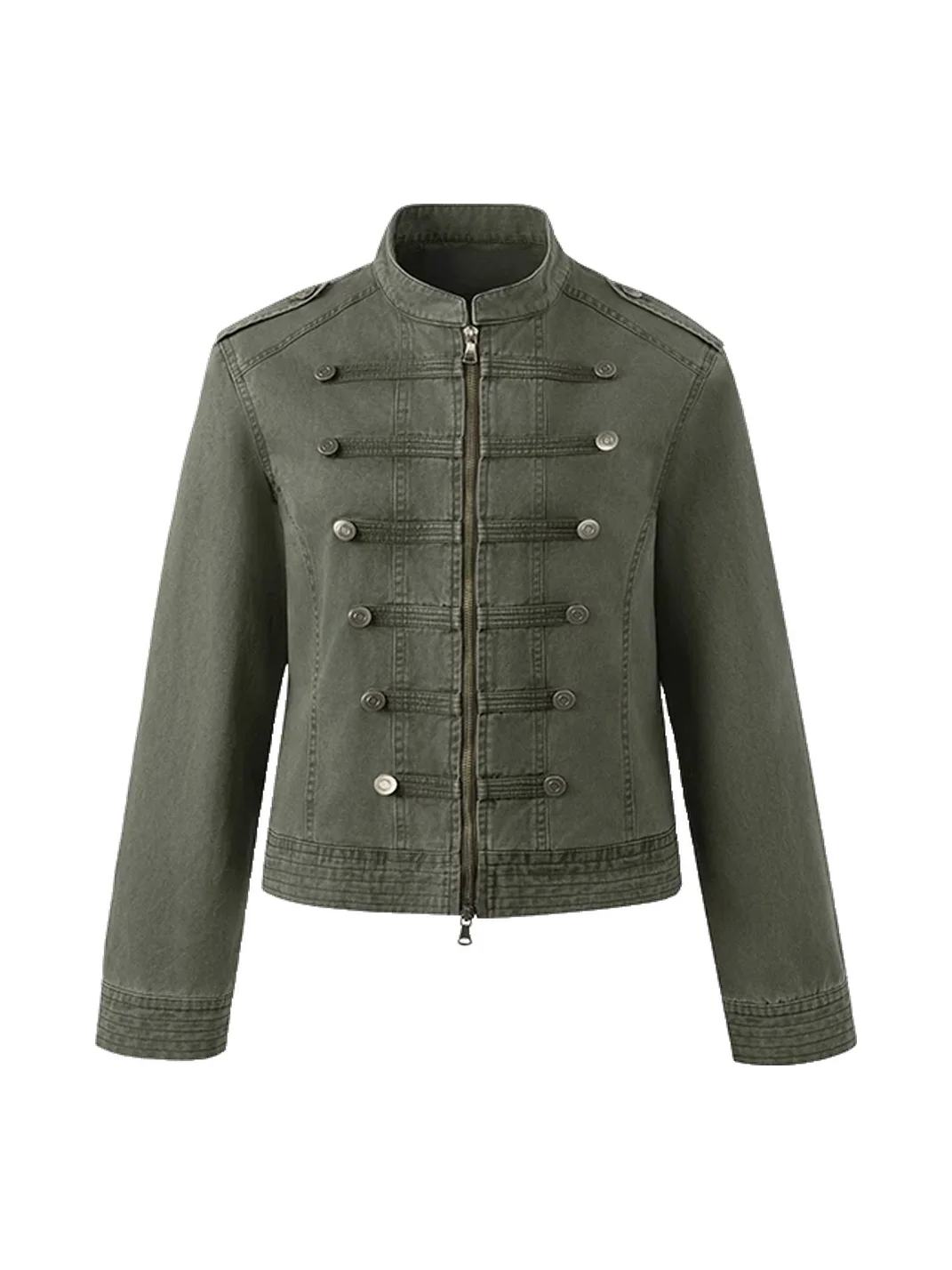 BIGGOLD | Washed Double-Breasted Stand Collar Denim Jacket
