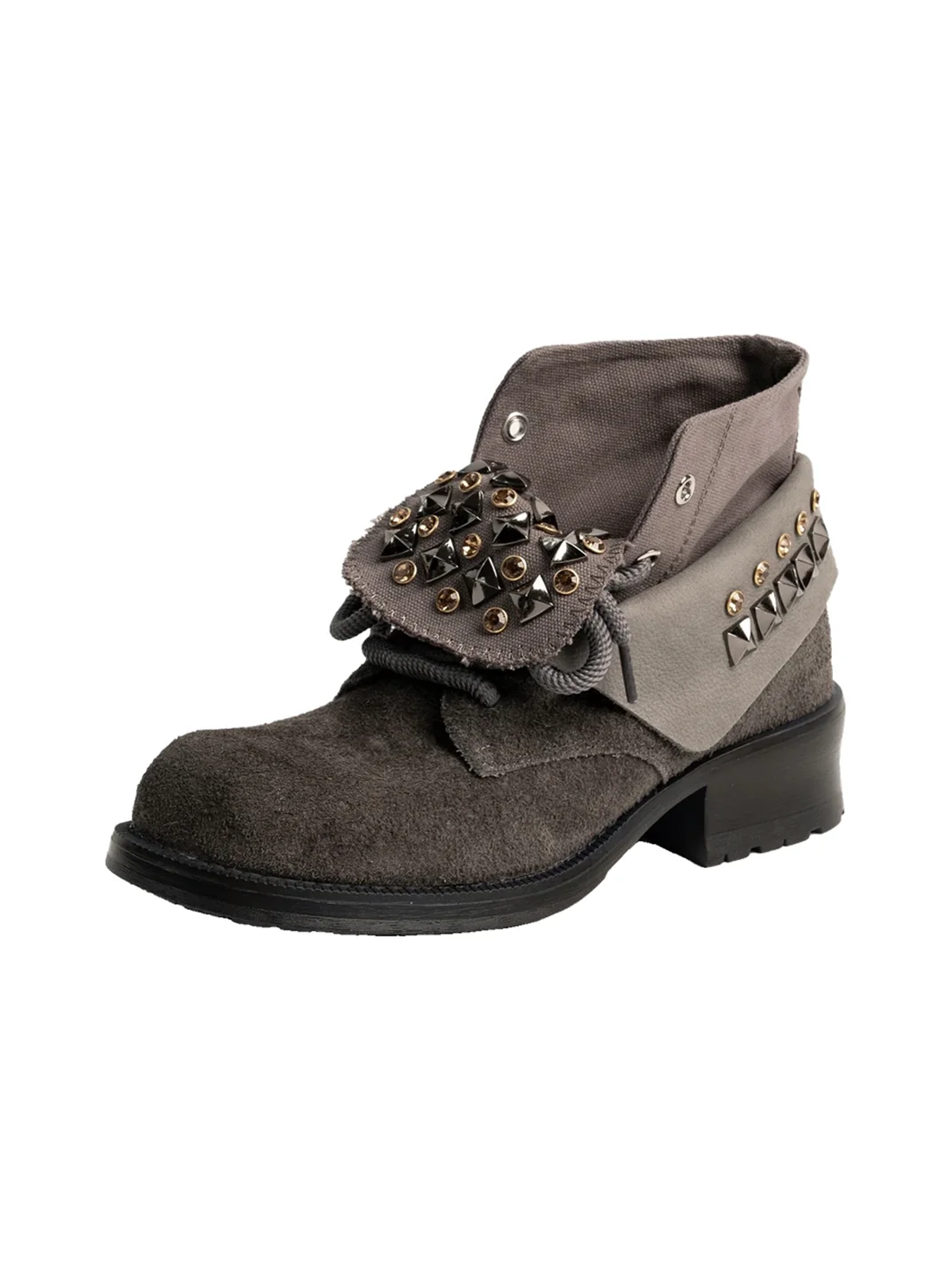 ZHUDAGE | Studded Foldover Lace-Up Ankle Boots