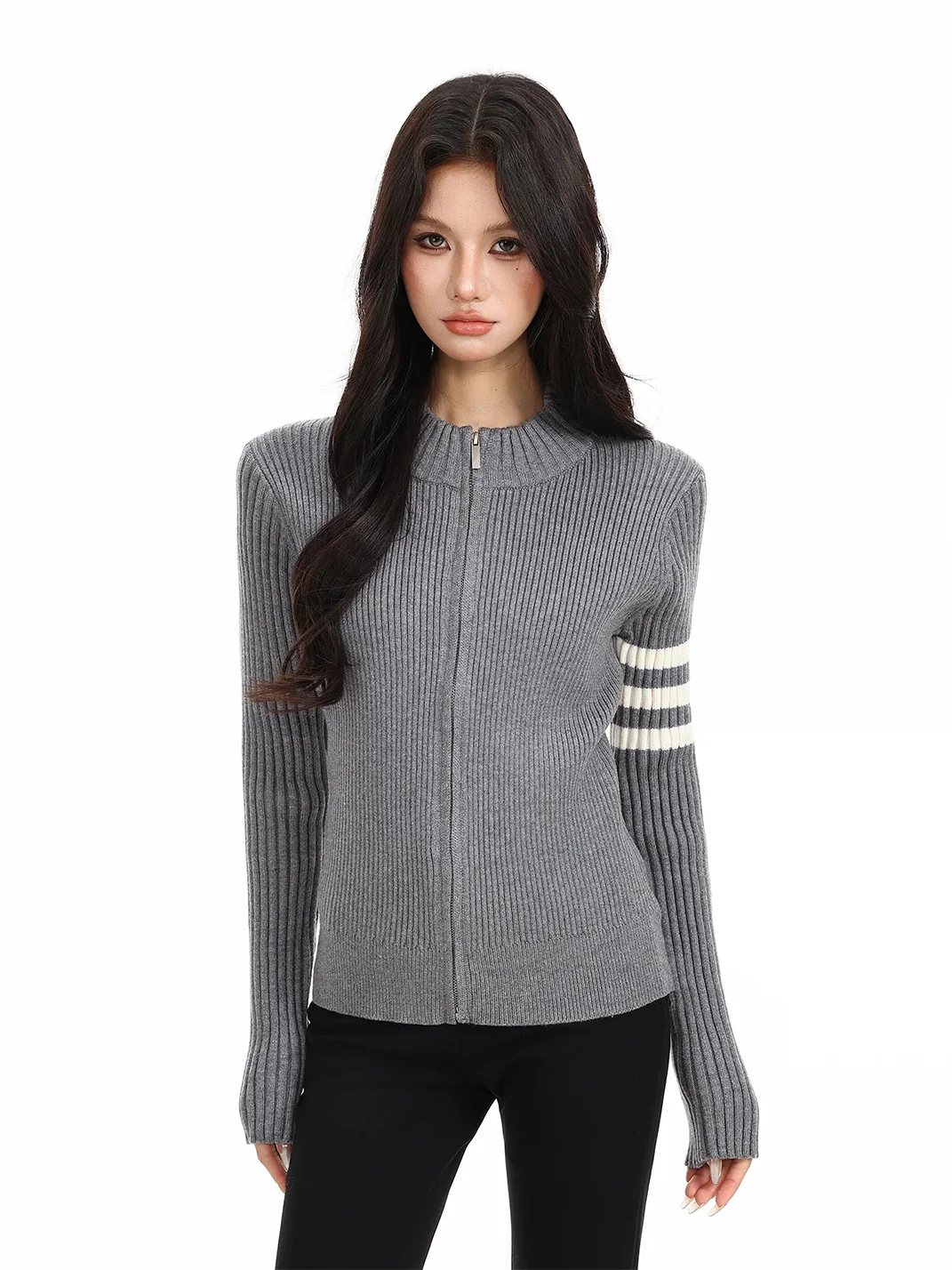 BIGGOLD | Fitted Rib Knit Zip Cardigan Sweater