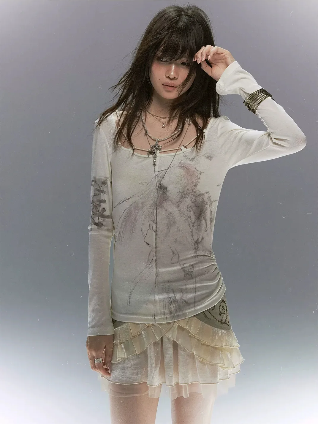 Cest Nous | Angel Print Lace Tie Long Sleeve Top