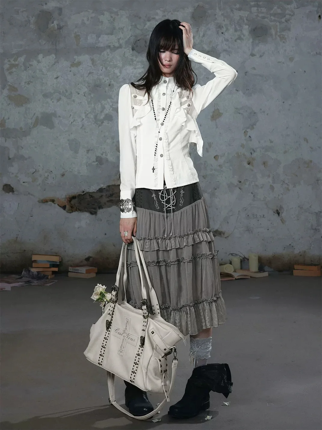 Cest Nous | Ruffled Lace-Paneled Fitted Chiffon Shirt